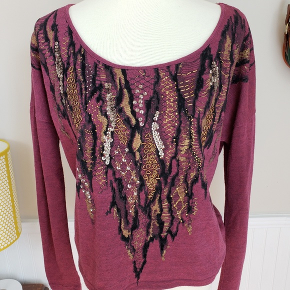 Miss Me Maroon Embellished Metallic Long Sleeve - Picture 4 of 7